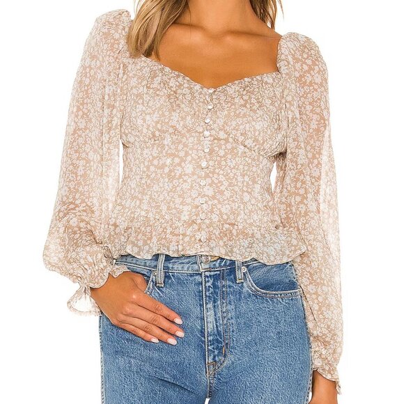 Astr Tops - REVOLVE ASTR The Label Concord Top Taupe Blue Ditsy Floral Sheer Blouse S